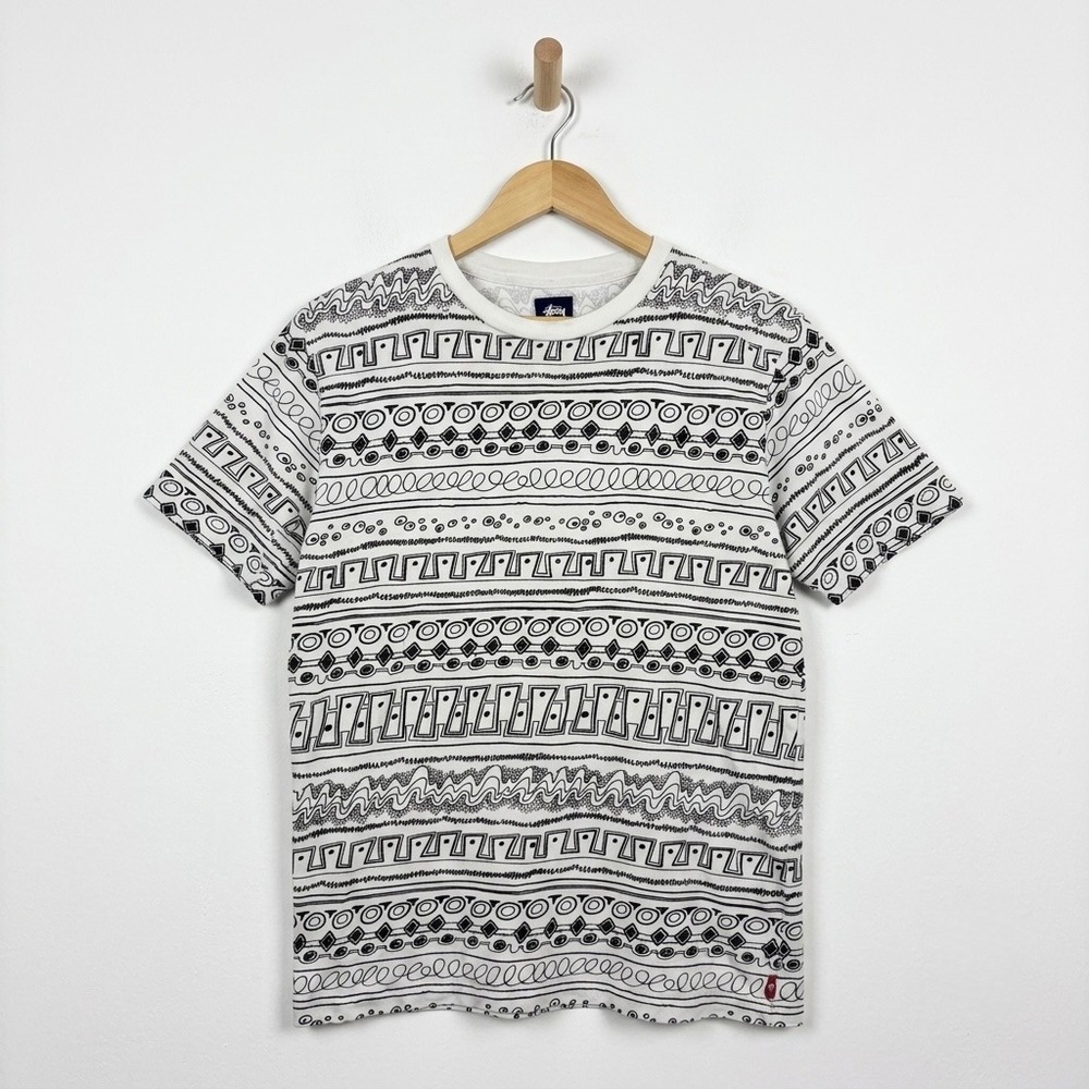 Stüssy Tom Tom Tribal Geometric Print Shirt White Black Large Vintage AOP Y2K